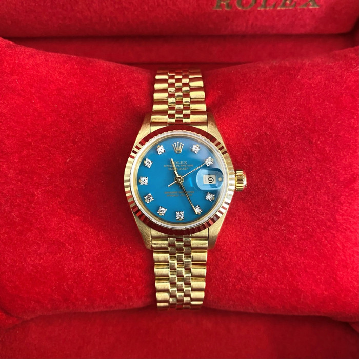 Rolex Lady-Datejust Gold Stella Turquoise Diamond Dial 69178