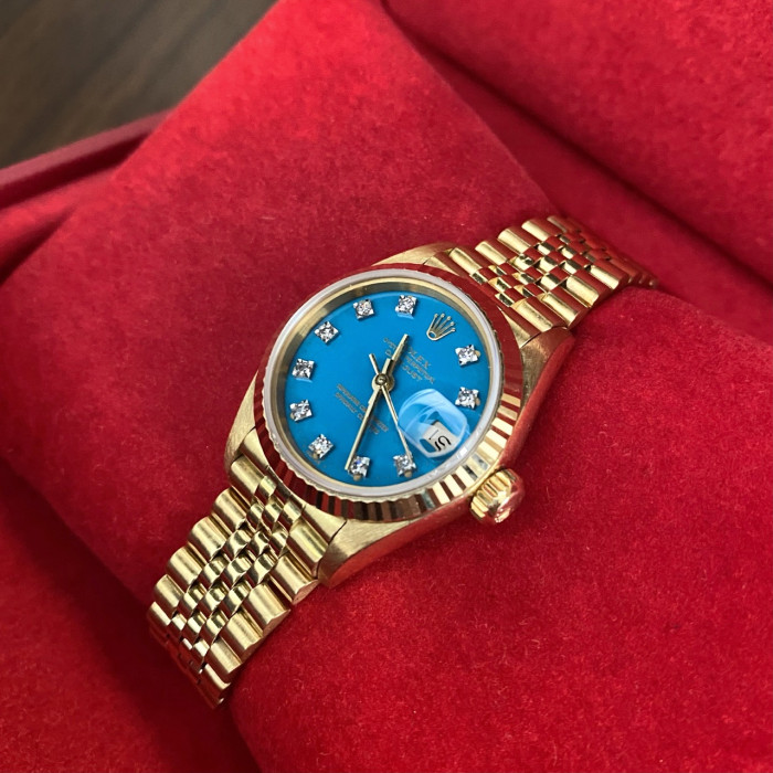 Rolex Lady-Datejust Gold Stella Turquoise Diamond Dial 69178