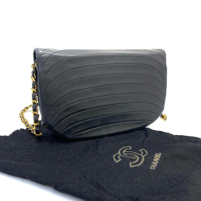 Chanel Half Moon Lamskin Chain Shoulder Back Black Gold metal fittings