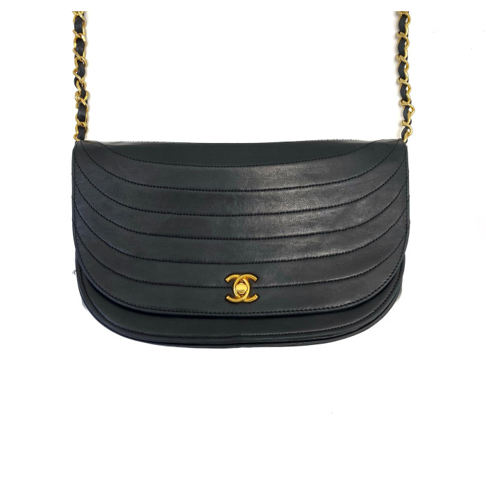 Chanel Half Moon Lamskin Chain Shoulder Back Black Gold metal fittings