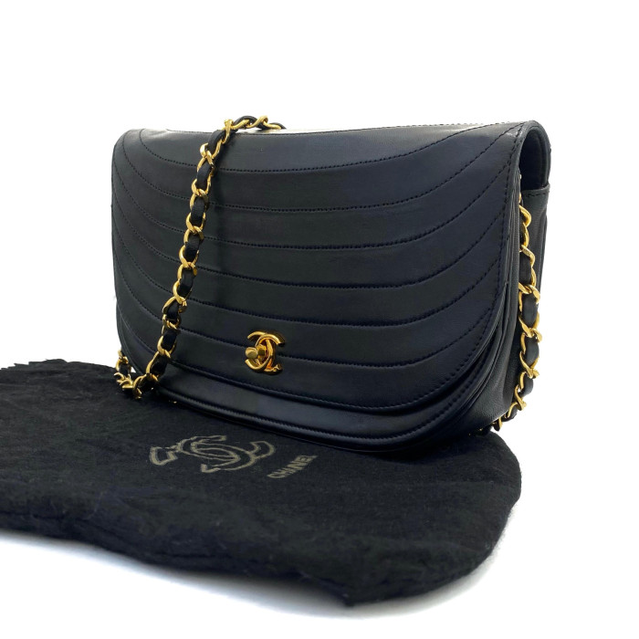 Chanel Half Moon Lamskin Chain Shoulder Back Black Gold metal fittings
