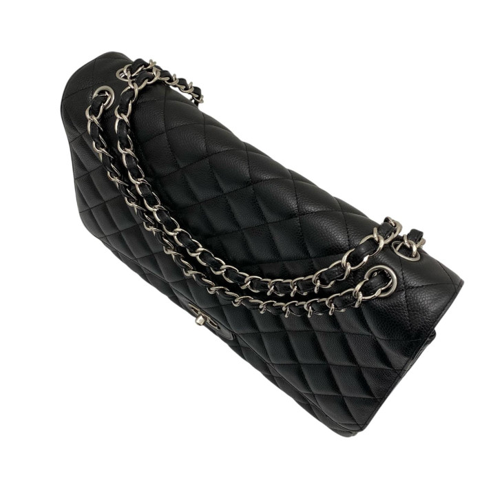 Chanel DEKAMATRASSE 34 Maxi Caviar Skin Single Flap Double Chain Bag Black Silver Metal Fittings
