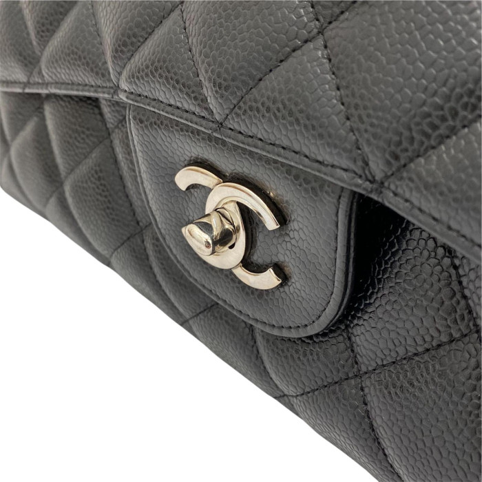 Chanel DEKAMATRASSE 34 Maxi Caviar Skin Single Flap Double Chain Bag Black Silver Metal Fittings