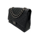 Chanel DEKAMATRASSE 34 Maxi Caviar Skin Single Flap Double Chain Bag Black Silver Metal Fittings