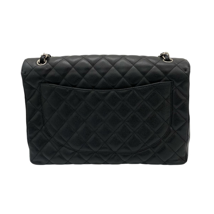 Chanel DEKAMATRASSE 34 Maxi Caviar Skin Single Flap Double Chain Bag Black Silver Metal Fittings