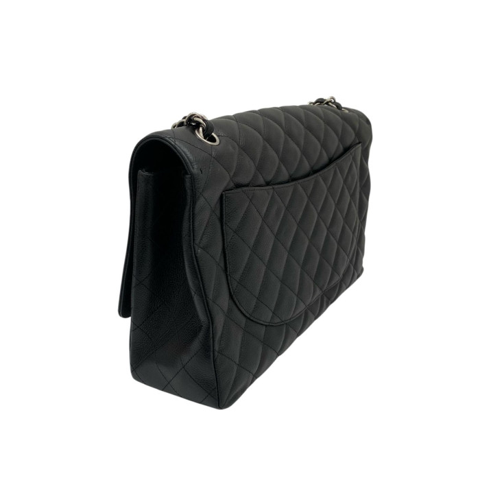 Chanel DEKAMATRASSE 34 Maxi Caviar Skin Single Flap Double Chain Bag Black Silver Metal Fittings