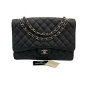 Chanel DEKAMATRASSE 34 Maxi Caviar Skin Single Flap Double Chain Bag Black Silver Metal Fittings