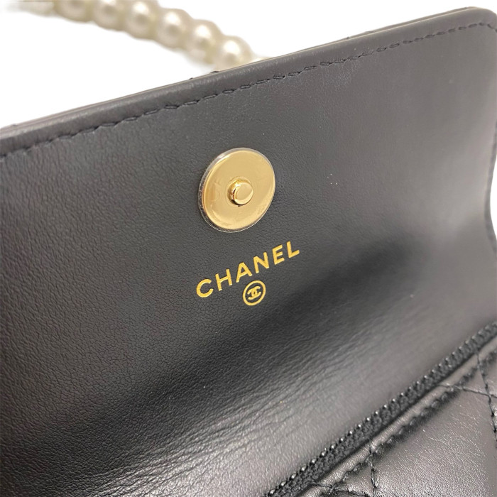 Chanel Matelasse Lambskin Chain Wallet Pearl Black Gold Metal Fittings