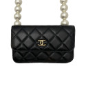 Chanel Matelasse Lambskin Chain Wallet Pearl Black Gold Metal Fittings