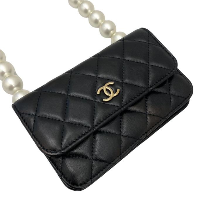 Chanel Matelasse Lambskin Chain Wallet Pearl Black Gold Metal Fittings