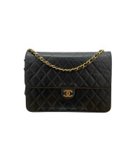 Chanel Matelasse Lambskin Single Flap Single Chain Bag push lock Black Gold Metal Fittings