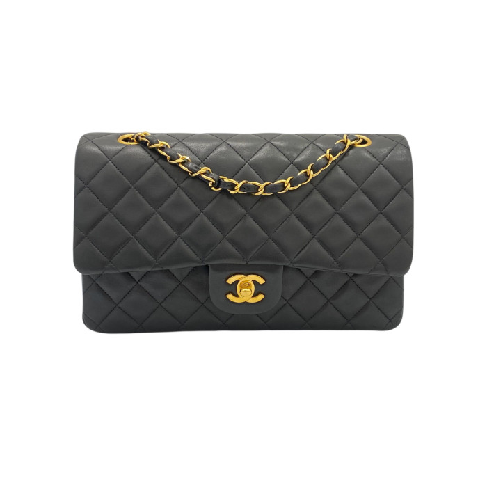 Chanel Matelasse 25 Lambskin Double Flap Double Chain Bag Black Gold Metal Fittings