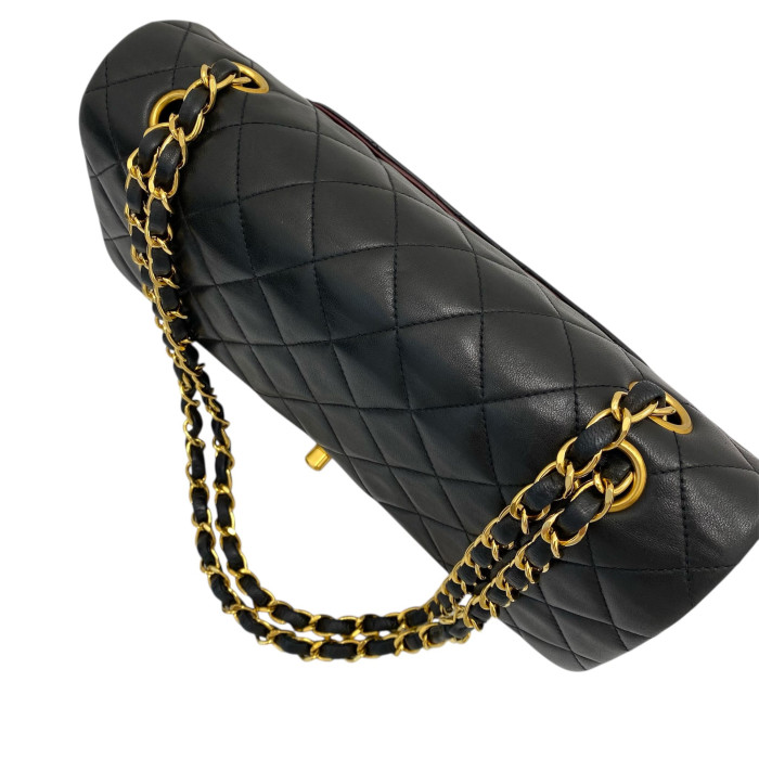 Chanel Matelasse 25 Lambskin Double Flap Double Chain Bag Black Gold Metal Fittings