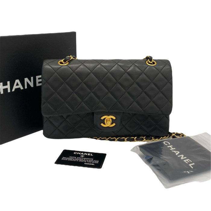 Chanel Matelasse 25 Lambskin Double Flap Double Chain Bag Black Gold Metal Fittings