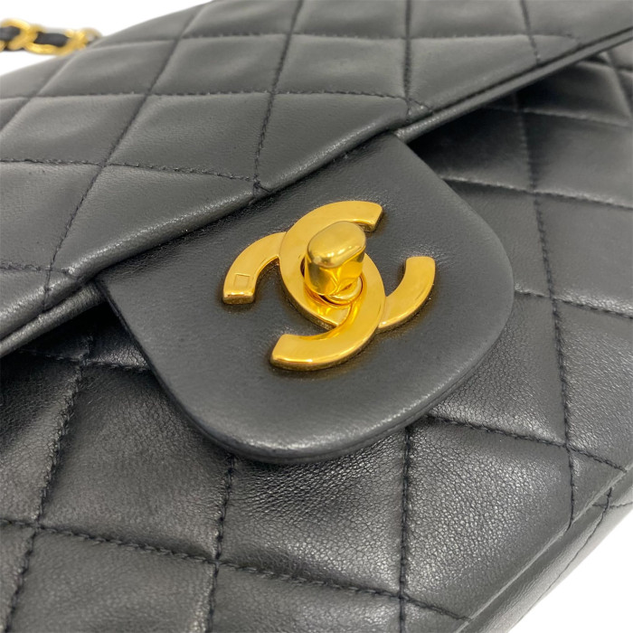 Chanel Matelasse 25 Lambskin Double Flap Double Chain Bag Black Gold Metal Fittings