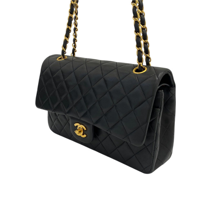 Chanel Matelasse 25 Lambskin Double Flap Double Chain Bag Black Gold Metal Fittings