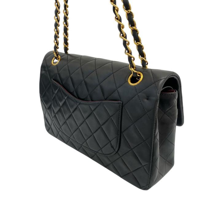Chanel Matelasse 25 Lambskin Double Flap Double Chain Bag Black Gold Metal Fittings