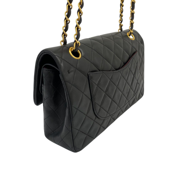 Chanel Matelasse 25 Lambskin Double Flap Double Chain Bag Black Gold Metal Fittings