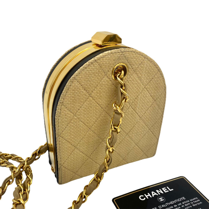 Chanel Matalasse Straw Chain Shoulder Bag Gamaguchi Beige Gold Metal Fittings