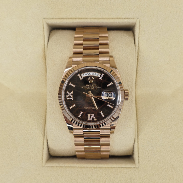 Rolex Day-date 36 Everose Gold Eisenkiesel Diamond Dial 128235 Like New Full Set